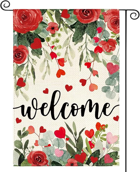AVOIN colorlife Welcome Hearts Roses Valentines Day Garden Flag 12x18 Inch