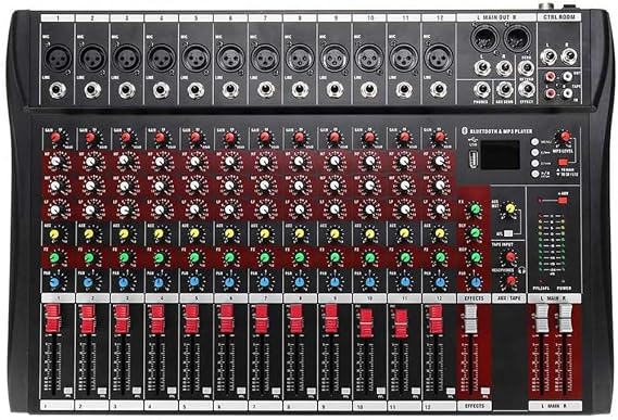 Studio Mixing Desks, Karaoke Audio Mixer with USB Professional 12 Channel Bluetooth Studio DJ Mixing Console Amplifier Digital KTV Sound Mixer 48V