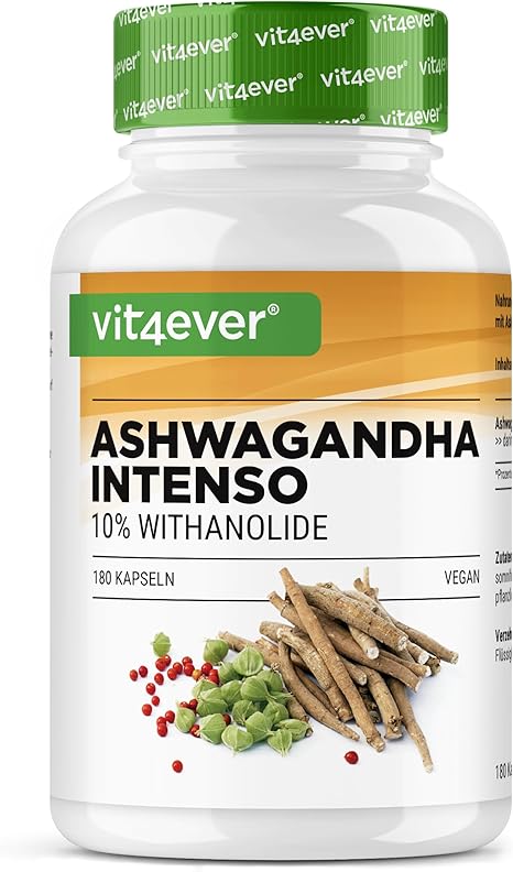 Vit4ever Ashwagandha Intenso 180 Capsules 1500 mg per Daily Amount 10% Withanoliden Laboratory-Tested Active Ingredient Content Aswaganda in Premium Quality Vegan Highly Dosed 1500 mg per daily serving 3-month supply high purity high dose vegan pure root extract