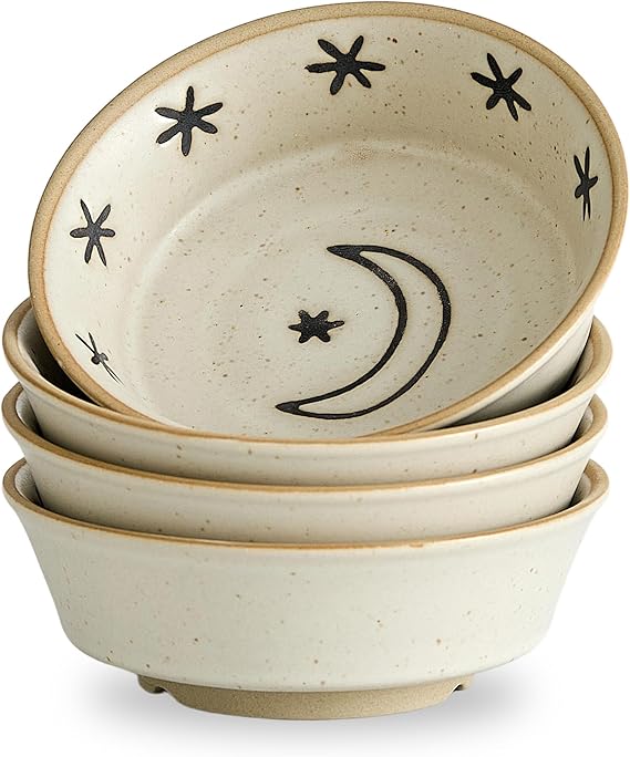 Stoneware Dipping Sauce Side Dishes Set of 4-3.7" Rustic Condiment Bowls - Handcrafted Ceramic Appetizer Plates for Sushi Soy, Charcuterie,Snack, Cheese Boards(Moon)