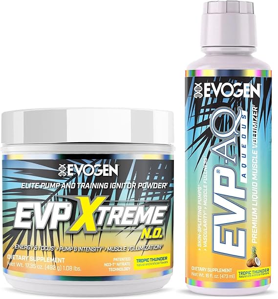Evogen EVP Xtreme NO + EVP AQ Bundle | Tropic Thunder | Pre-workout powder plus liquid glycerol volumizer for pumps, energy, hydration and vascularity