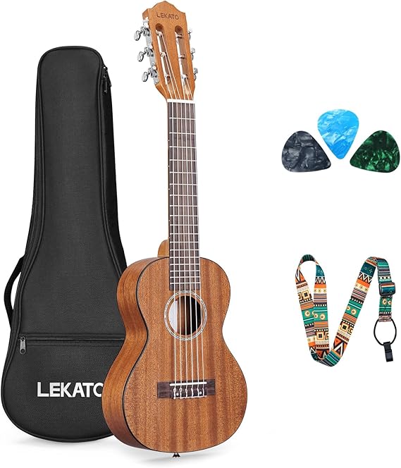 LEKATO GT-800 Mahogany Guitalele 6 Strings 28 Inch Beginner Guitarlele 1/4" Classical Guitar Small Hawaiian Travel Guilele with Gig Bag Strap Picks Starter Bundle Set