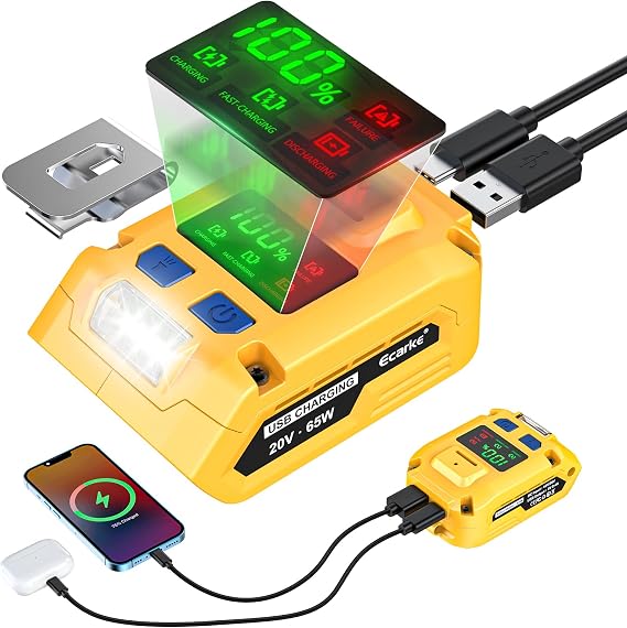 Ecarke 2-in-1 Battery Charger & Power Inverter Compatible with DeWALT 20V Battery, 65W USB-A Output & USB-B Input/Output, for Travel Emergency Use (No Battery)