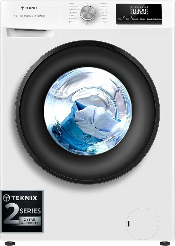 Teknix 7kg Freestanding Washing Machine – Quick 15/30/49 Min Wash, A Energy Rated, Durable Inverter Motor, Slim Depth, Quiet Spin - TK2W714HW [Energy Class A]