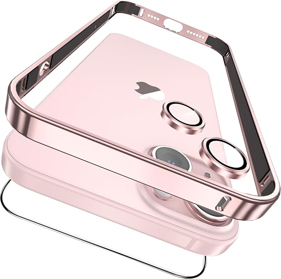 YMHML 3 in 1 Case for iPhone 15 Titanium Frame with Screen Protector and Camera Lens Protector Tempered Glass, Metal Bumper Slim Hard Straight Edge Full Drop Protection Accessories, Pink