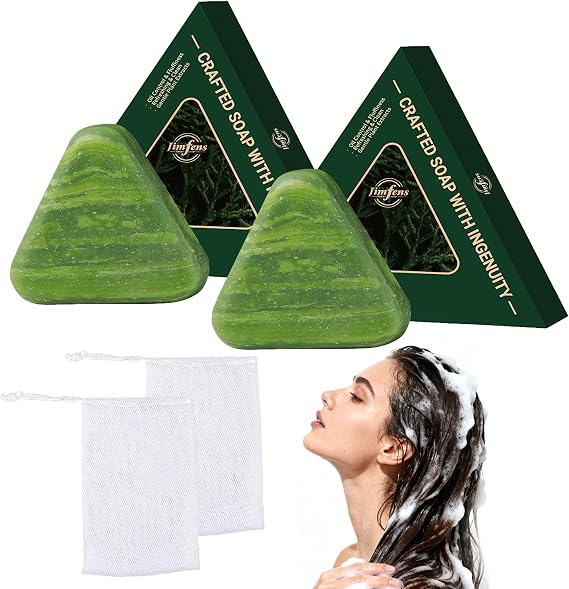 2 Pcs Nature Triangle Shampoo Bar,Solid Green Soap Shampoo Bars with Foaming Nets,Gentle Cleansing & Improve Frizziness Hair for Women and Men