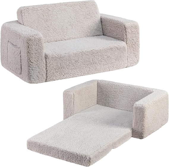 BEJOY Toddler Chair, Sherpa Folding Kids Sofa Bed, Extra Wide, Light Grey