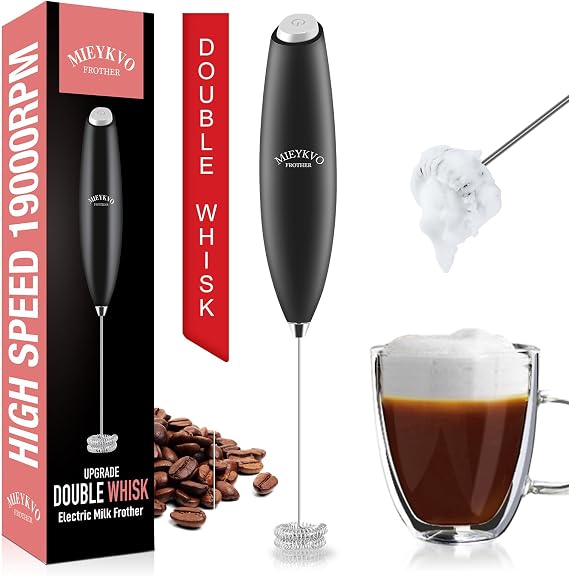 Milk Frother with Double Whisk, Handheld Electric Foam Maker, Hand Coffee Whisk Mixer Wand, Portable Mini Blender Foamer Stirrer for Latte, Matcha,Hot Chocolate