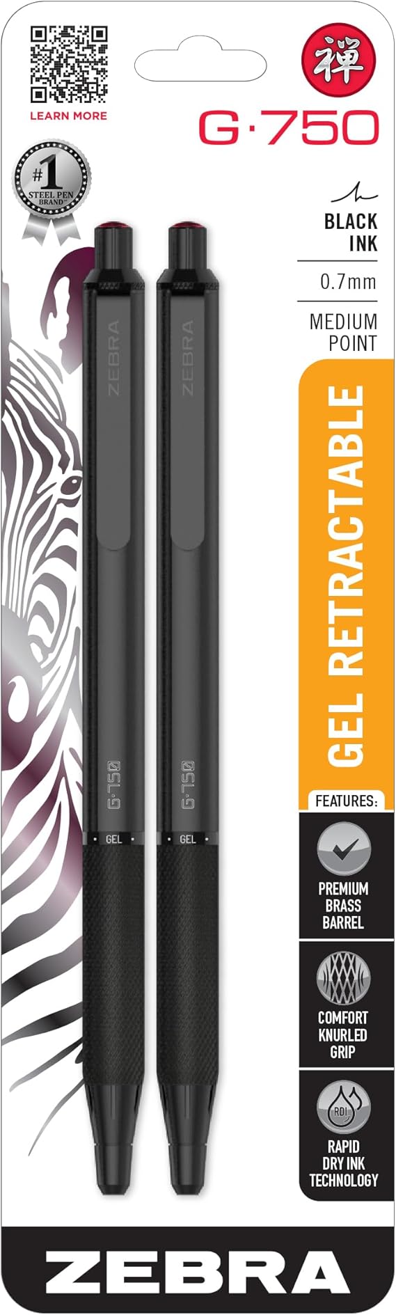 Zebra Pen STEEL Series Premium Gel Pens G-750 Retractable, 0.7mm Medium Point Black Ink, Rapid Dry Ink, Comfort Knurled Grip, Black Brass Barrel, Refillable, Japanese Craft Detail, 2-Pack (49812)