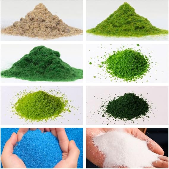 Scenery Basing Material Kit, Included Grass Cashmere Powder, Green Tree Powder, Sand for Creating Micro Landscape Building Miniatures, Dioramas, Snow, Grass, Moss Stick, River,8 Pack Total 300Gram