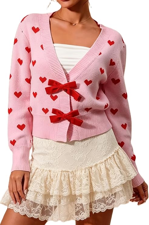Women's Bow Tie Cardigan Sweaters Sequin Graphic Long Sleeve Open Front Knitted Cardigans Cute Party Sweater Tops