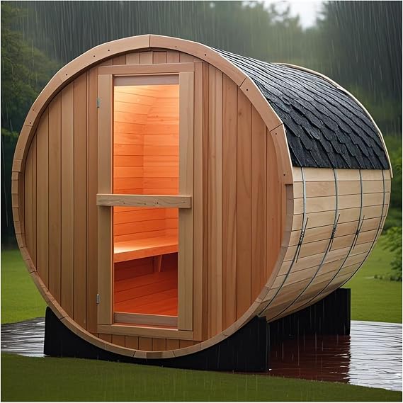Smartmak Outdoor Wood Barrel Sauna Room, 6 Person Canadian Red Cedar Garden Traditional Wooden Saunas with Asphalt Roof, Steam Spa with ETL- Certified 6kw Heater, Rocks, Light,195F US Instock