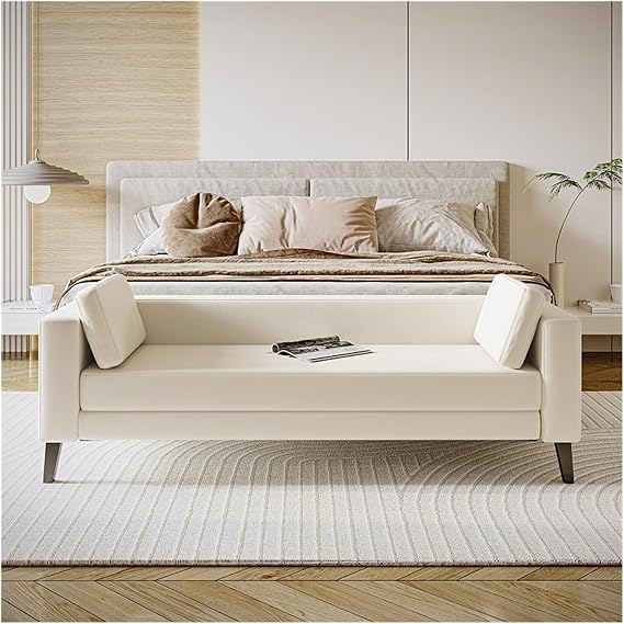 SOPAMI Ottoman Cloth Bedroom Bench for End of Bed, Modern Upholstered Ottoman Bench Long Entryway Bench for Bathroom Living Room Foyer Indoor Bedroom Bedside Stool(Color:White)