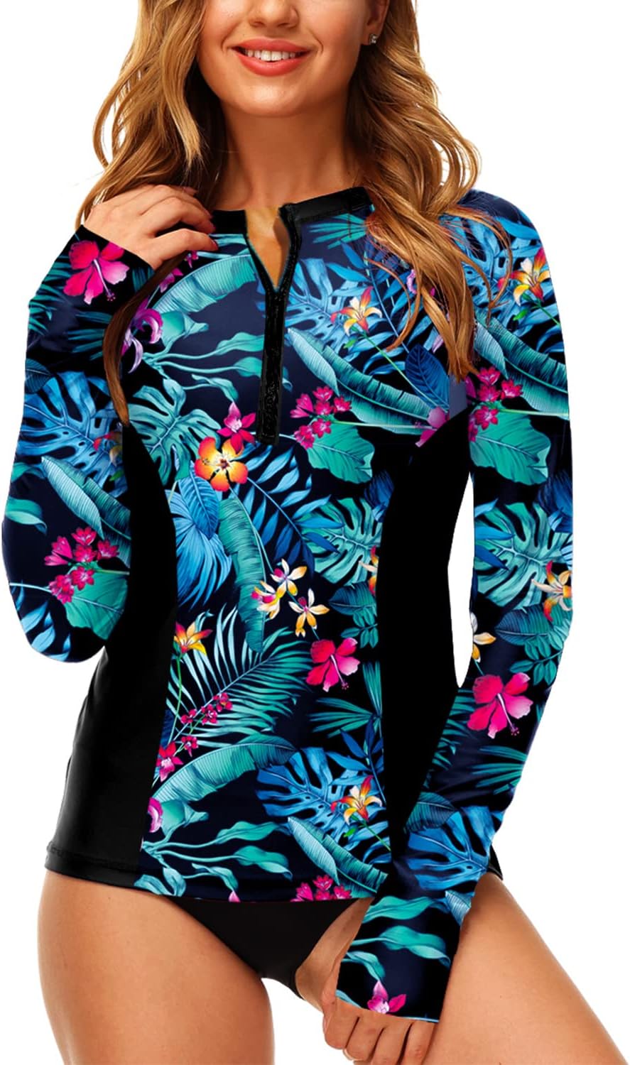 AOBUTE Women Zip Rash Guard UPF 50 Surf Swim Shirts with Thumb Hole