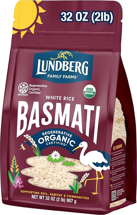 Lundberg White Basmati Rice, Regenerative Organic Certified Non-Sticky, Fluffy & Aromatic Long-Grain Rice, Responsibly Grown in California, 32 Oz