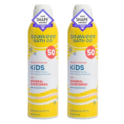 Seaweed Bath Co. Kids Mineral SPF 50 Broad Spectrum Sunscreen Spray, 6 Ounce Pack of 2, Papaya Scented, Water Resistant, Tear Free, Sensitive Formula, with Zinc Oxide, Rainbow Seaweed, Watermelon