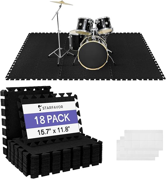 Starfavor Sound Absorbing Interlocking Floor Mats Pads 18 Pcs - Fits 4 * 6ft Drum Mats, 15.7" x 11.8" Anti-Vibration Sound Proof Puzzle Felt Padding - Protect Hardwood Floor