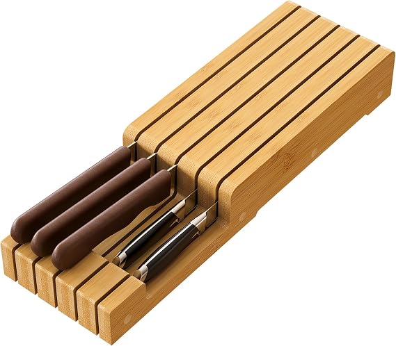 Knife Organizer Drawer Insert, In-Drawer Bamboo Wood Knife Block, Drawer Knife Storage Steak Knife Holder Without Knives, Holds up to 5 Knives