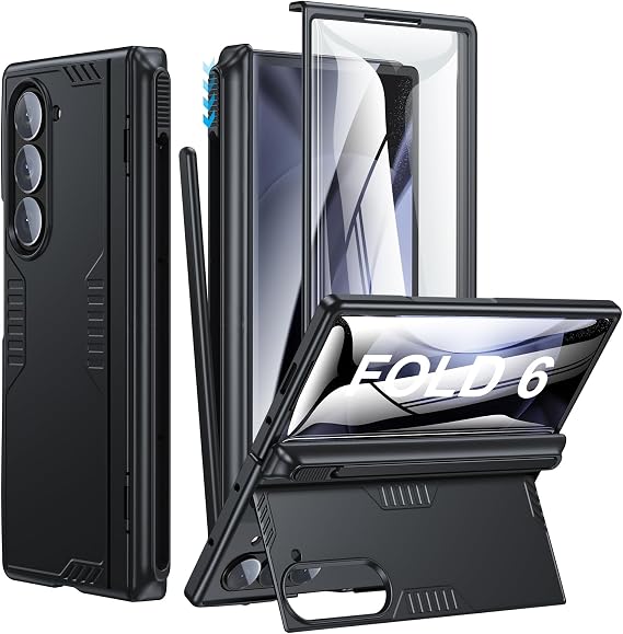 Kaiiecal for Z Fold 6 Case with S Pen Holder[No Pen], Shockproof Rugged [Hidden Stand] [Hinge Protection] [Wireless Charging], Built-in HD Screen Protector, Phone Case for Galaxy Z Fold6, Black