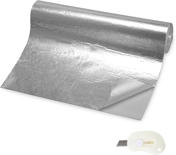 Aluminised Heat Protection Mat Thermal Barrier 30 x 500 cm, Self-Adhesive Back Aluminium Fibreglass Insulation Heat Blanket, Practical Heat Shield for Hose Line