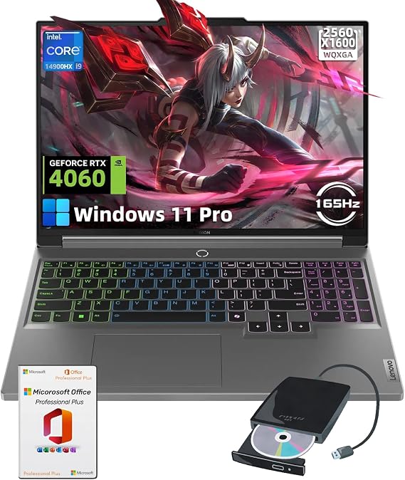 Lenovo Legion 5i Gaming Laptop - 16" WQXGA 165Hz Display, Intel i9-14900HX(24-Core), 32GB DDR5, 1TB SSD, GeForce RTX 4060, Backlit KB, WiFi 6E, Win 11 Pro & MS Office Lifetime, w/External CD/DVD Drive