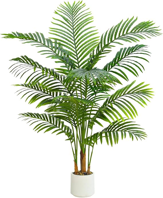 4FT Artificial Palm Tree, Fake Areca Tropical Palm Plants with White Pot | Large Artificial Silk Floor Plant with 13 Lifelike Leaves, Tall Faux Tree for Indoor Home Office Living Room Modern Decor