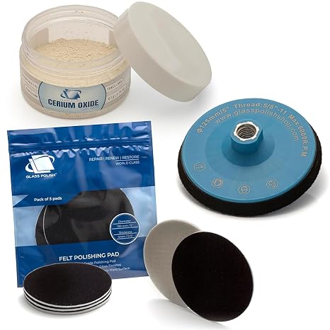 GLASS POLISH PRO Glass Polishing Bundle: Set of 1.76oz Fine-Grade Cerium Oxide Powder, 5" Backing Pad with 5/8"-11 Thread, and Felt Polishing Pads for Superior Glass Restorati