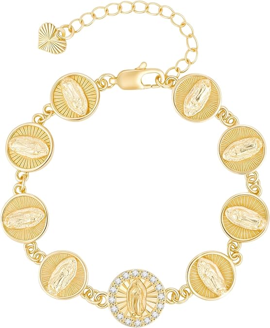 Women's Gold Virgin Mary Bracelet - 14K Gold Plated Catholic Bracelets,Non Tarnish Adjustable Golden Religious Virgen De Guadalupe Jewelry, Catholic Baptism Confirmation First Communion Gifts for Her