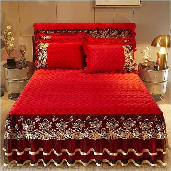 Luxury Velvet Bed Skirts Full /King/Queen 3 Piece Quilted Mattress Protective Cover with 2 Pillow, Thick Cover Bed Skirt with Bedskirt, 18 Inches Deep Ruffle Drop Fitted Sheet Bedspread ( Color : #23