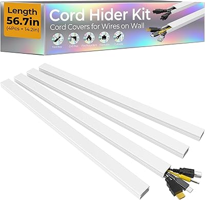 56.7in Cable Hider Cord Hider, Wire Covers for 2-4 Cords on Wall, Premium Cord Covers for Wires on Wall, Easy Set-up Wire Hider to Hide Tv Wires, Lamp, Speaker Cords, W0.95 H0.55in, White