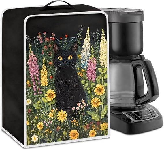 Coffee Machine Covers with Top Handle Black Cat Flower Print Washable Dust Fingerprint Resistant Blender Mixer Dust Cover Compatible Most Coffee Makers Home Decor