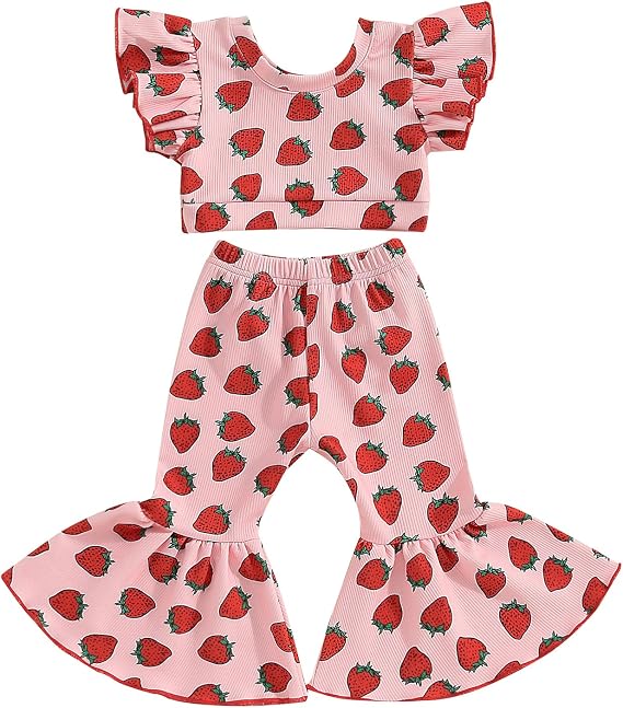 Honganda Fashion 2Pcs Toddler Baby Girl Strawberry Outfit Set Ruffle Short Sleeve Crop Top Flared Pants Summer Knit Clothes