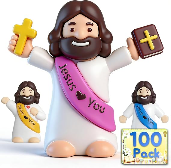 100PCS Little Jesus Figures, Mini Jesus Figurines in Bulk, Multicolor Tiny Jesus Set with Jesus Loves You Figures for Easter Egg Stuffers, Hide and Seek, Baptism, Faith Activities, Religious Gifts