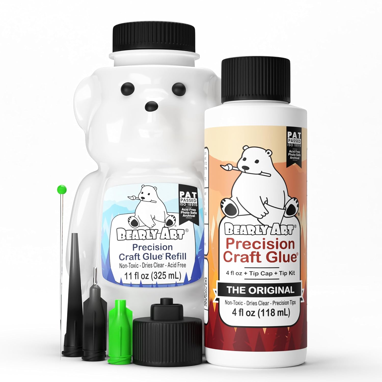 Bearly Art Precision Craft Glue - The Bundle - 4 fl oz and 11 fl oz Refill Bear - Tip Kit Included - Non-Toxic - Wrinkle Resi...