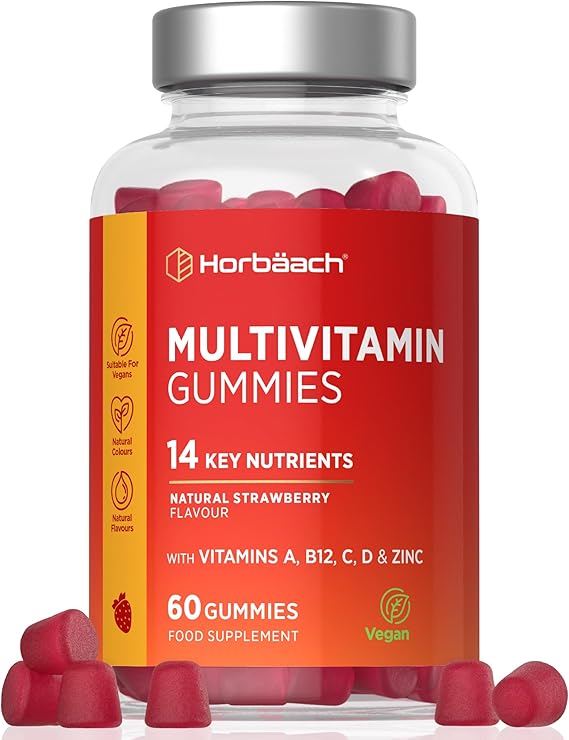 Adult Multivitamin Gummies | 60 Count | 14 Essential Nutrients with Vitamins A, B12, C, D, Zinc | Natural Strawberry Flavour | Vegan Supplement for Men & Women | by Horbaach