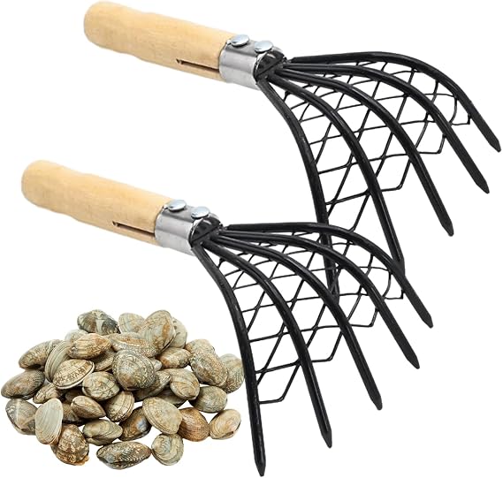 2 Pcs Claw Rake Hand with Basket, Clamming Claws with Mesh Net Oyster Shell Digging Dig Seafood Clam Scraper Tool Accessories for Beach Clam Scraper