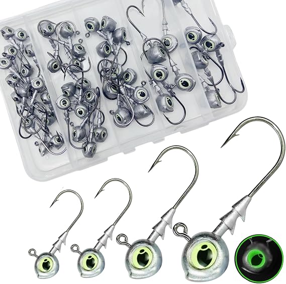 50Pcs/Box Swimbait Jig Heads Fishing Hooks with 3D Eye,4 Sizes(1/4oz.3/8oz,1/5oz. 1/8oz Mixed,Automatic stabilization Head Design/Luminous,Bass Freshwater&Saltwater