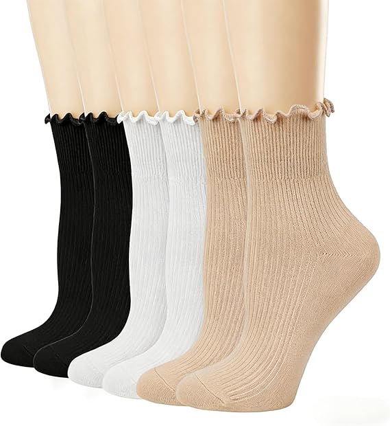 6 Pack Womens Ruffle Socks, Ankle High Cotton Frilly Socks Turn Cuff Lettuce Edge Ankle Crew Socks for Women