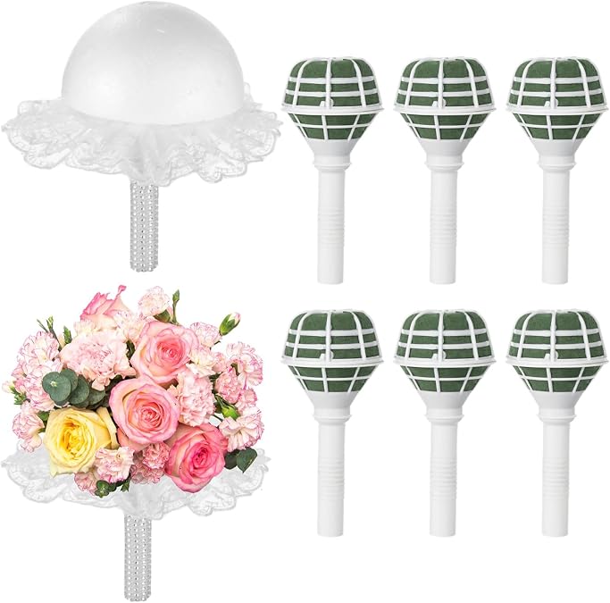 7 Pcs Wedding Bridal Bouquet Handle Holders With Lace Trim And Rhinestone Handle, Dome-Shaped Flower Cages For Floral Arrangements