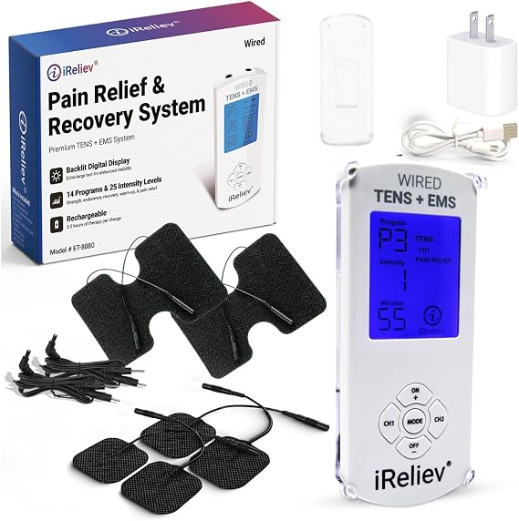 iReliev TENS Unit + EMS Muscle Stimulator with 14 Therapy Modes, Premium Pain Relief and Recovery System, Rechargeable, Large Back Lit Display, Large and Small Electrode Pads