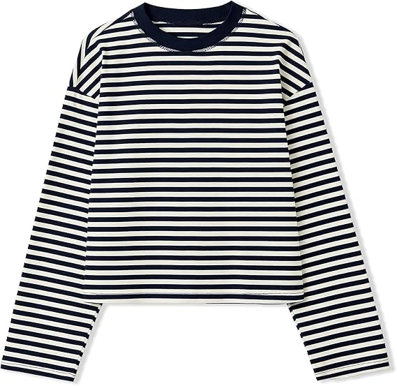 Striped Bloom Long Sleeve Shirt for Women Boxy Tee Top Streetwear