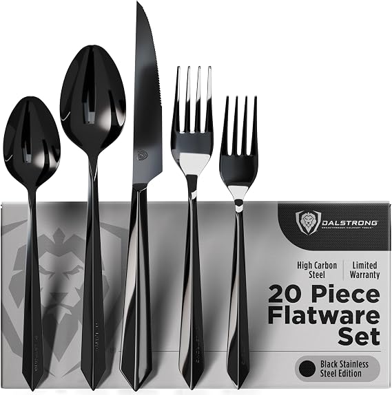 Dalstrong 20-Piece Black Flatware Set High-Carbon Stainless Steel, Black Titanium Coating, Service for 4 (Dinner Knife, Fork, Spoon, Dessert Fork, Dessert Spoon) For Modern Tables & Dinner Parties