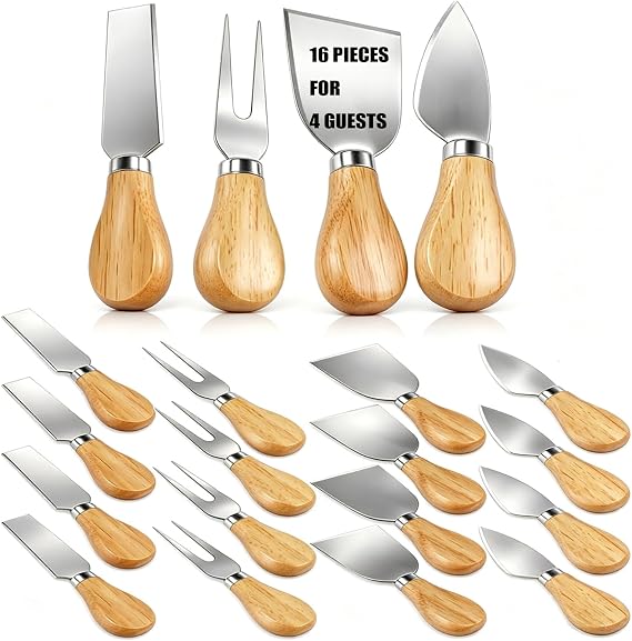 16Pcs Cheese Knives Bulk Set, Stainless Steel with Wooden Handle