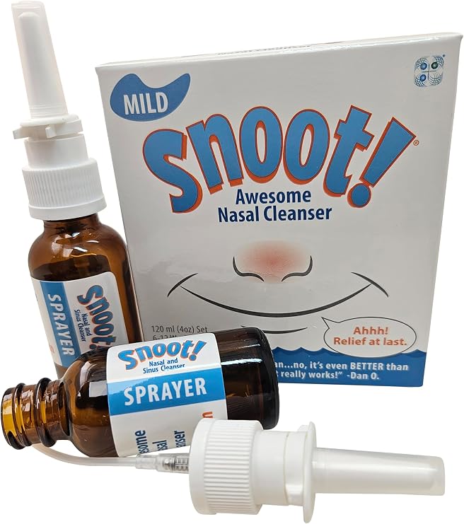 Snoot! Mild Nasal Irrigation Kit with Nose Cleaner for Sinus Wash Plus 2 Amber Glass Nasal Sprayers - Drug-Free Nasal Cleaner - TSA-Compliant Two-Part Nasal Rinse Kit - 4 oz Total