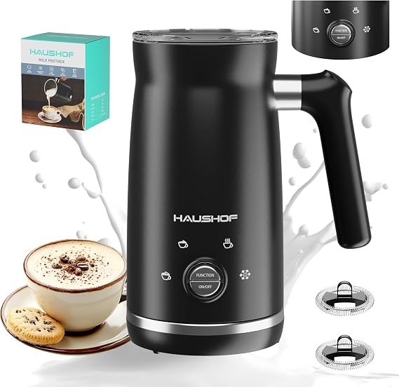 HAUSHOF 4-in-1 Electric Milk Frother and Steamer, Warm and Cold Foam Maker