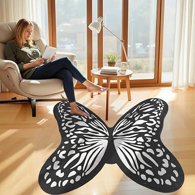 Black & White Butterfly Shape Rug, 3x4ft Machine Washable Non-Slip Kids Playroom Rug, Soft Durable Carpet for Girls Bedroom, Nursery, Anime & Maximalist Decor