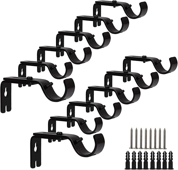YOUNTHYE 12 PCS Curtain Brackets for Curtain Rod 1 Inch Adjustable Curtain Rod Brackets for Wall Heavy Duty Black Curtain Rod Support Hangers for Home Office