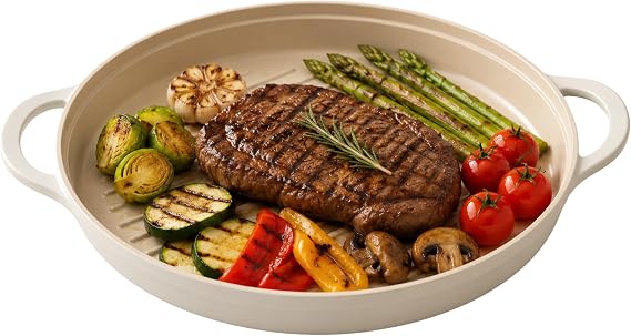 FIKA 10-Inch Round BBQ Grill Pan, Nonstick Ceramic Coated Griddle with Handles, Oven Safe Grill Skillet for Steak, Fish & Vegetables, Induction Compatible Cookware for All Cooktops, Made in Korea