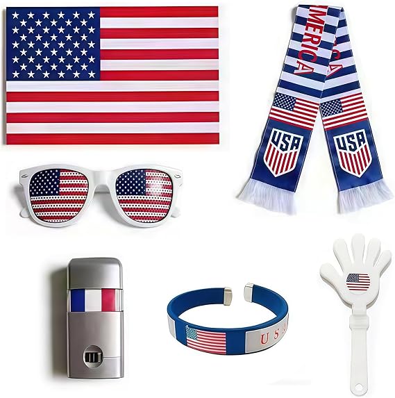 2026 World Cup Merch Soccer Fan Kit 6Pcs USA Soccer Fan Gear Set with American Flag, Glasses, Face Paint, Wristband, Clappers, Scarf - for Stadiums, Watch Parties, Patriotic Day 250 Anniversary