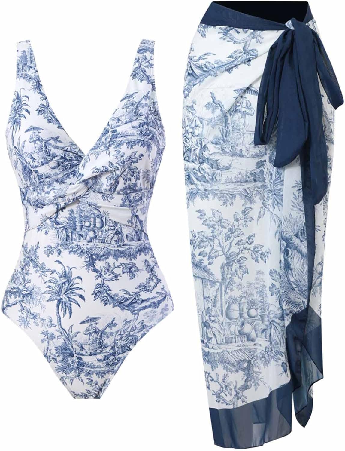 Cbcbtwo Women One Piece Swimsuit with Matching Cover Ups Floral Sexy Bikini Sets High Cut Push Up Two Pieces Bathing Suit Bathing Suit with Maxi Wrap Skirts